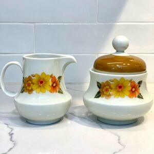 Floral Cream and Sugar Set with Yellow and Orange Flowers
